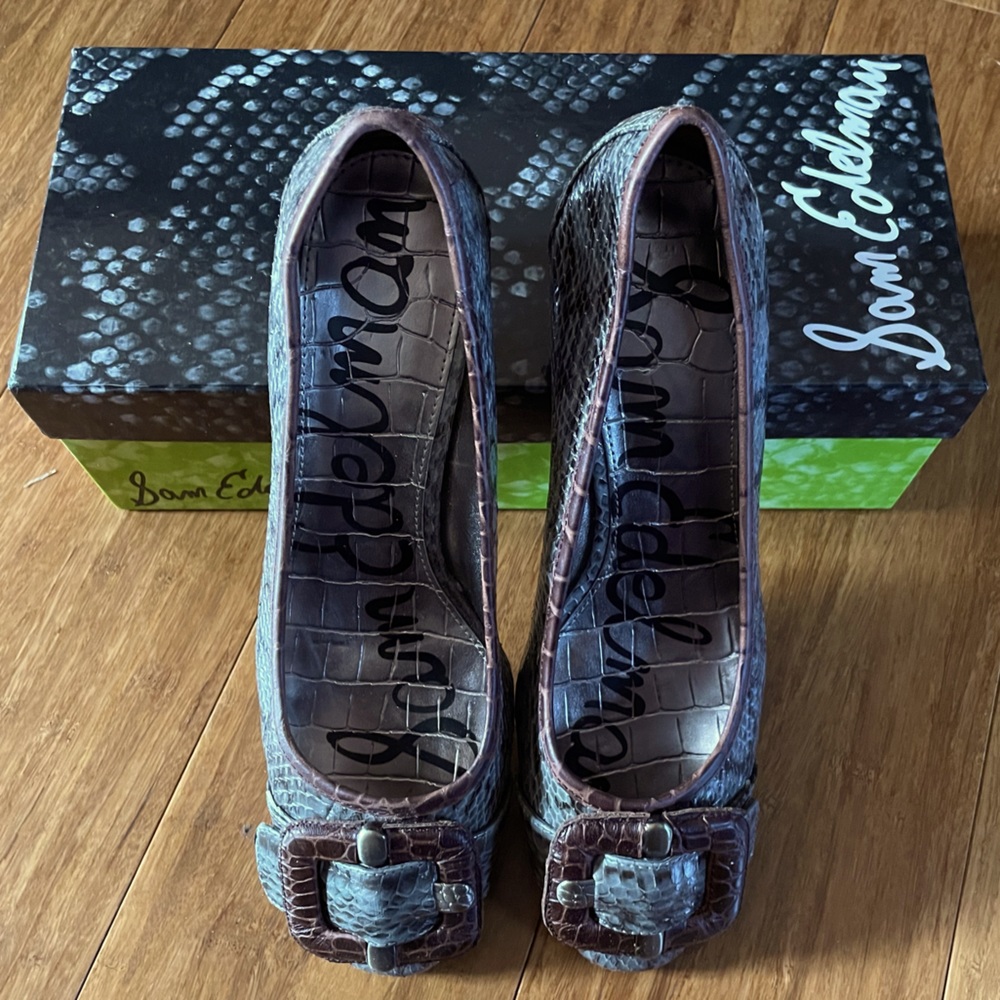 Sam Edelman, Hadley400, Gray Reptile, Kitten Heel, Brown Trim & Large Buckle 7.5